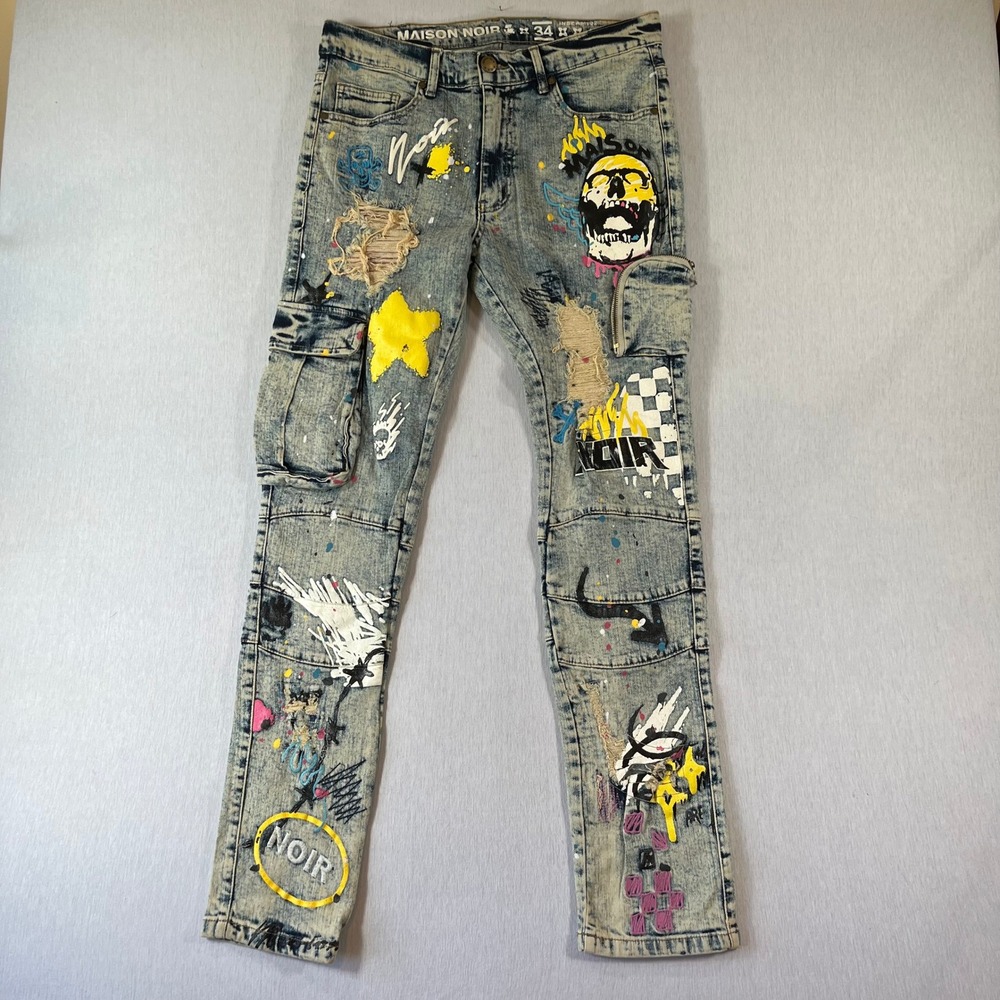 Maison Noir Jeans Men 34x32 Distressed Skull Noir Colorful Streetwear Grunge Zip